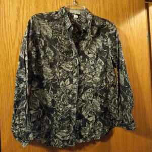 Womens Coldwater Creek Blouse Long Sleeve Black Floral 18 Armpit No Iron PS 6-8
